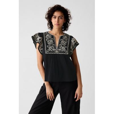Gap Womens Black Crinkle Gauze Embroidered Cropped Shirt - Black