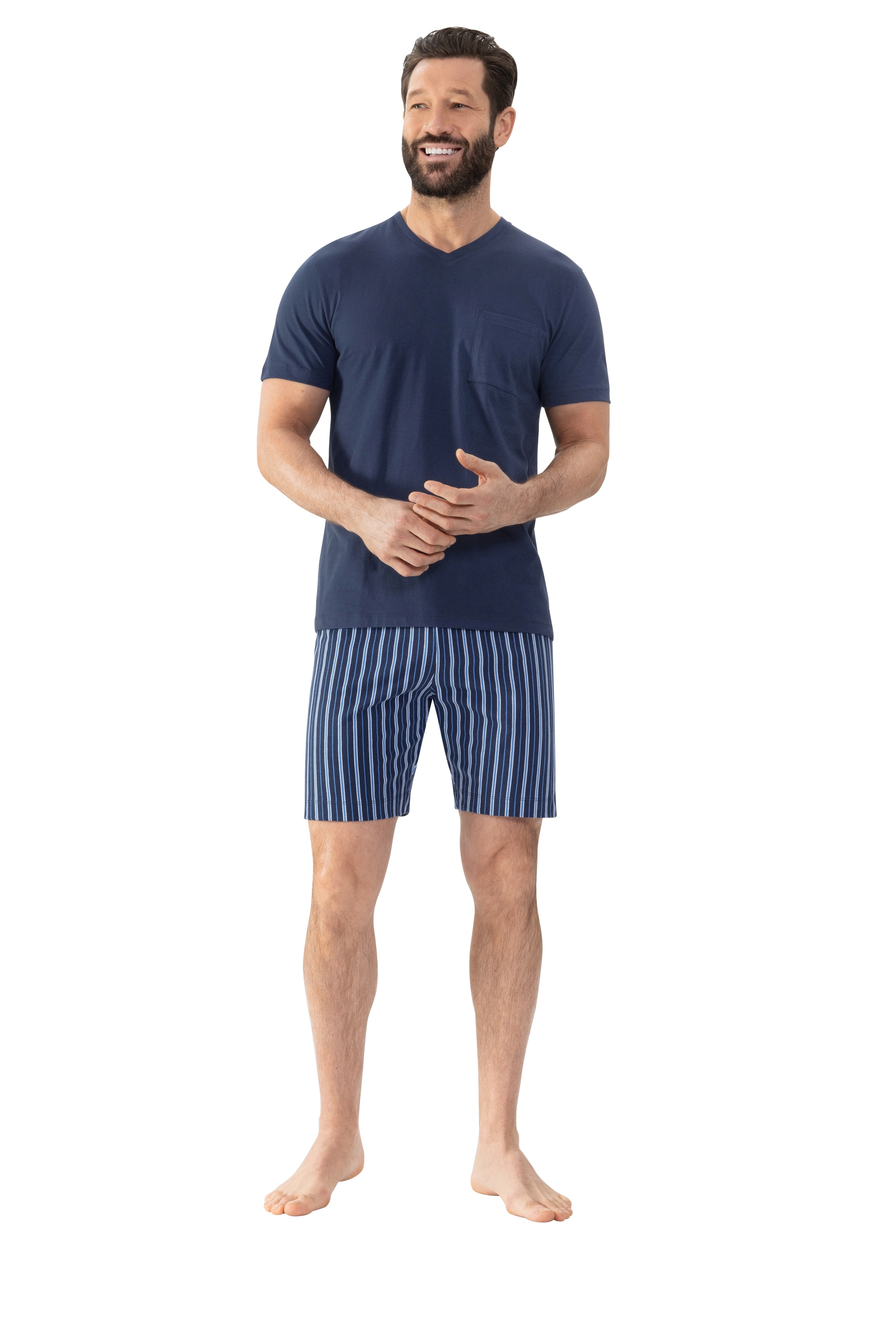Shorty MEY "Straight", Herren, Gr. XL, blau (yacht blau), Single Jersey, Obermaterial: 100% Baumwolle, bequem kurz, V-Ausschnitt, Homewear-Sets, Kurzarm-Shirt mit Brusttasche Image