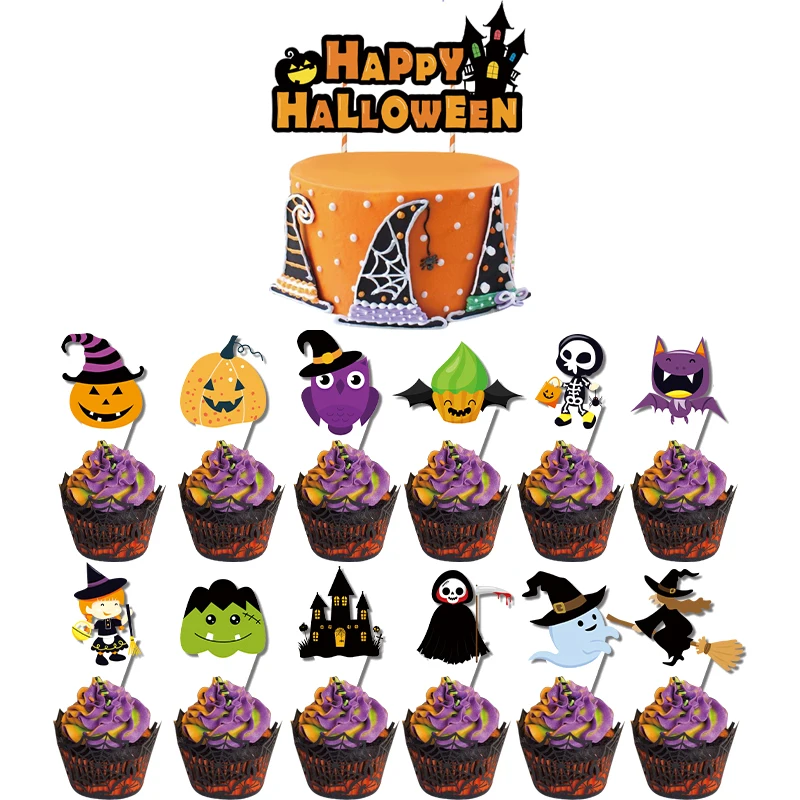1 Satz Cartoon Halloween Cupcake Topper Halloween Hexe Schädel Kuchen Topper für Kinder glücklich Halloween Kuchen Dekoration Back dekor Image