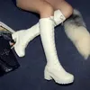 Heißer Verkauf Frühling Herbst Schnürung Kniehohe Stiefel Frauen Mode Weiß Platz Ferse Frau Leder Schuhe Winter PU Große Größe 43