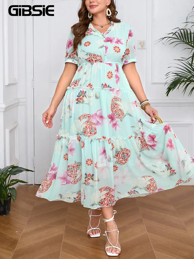 Gibsie Plus Size Blumen druck V-Ausschnitt Rüschen Saum Kleid Frauen Sommer Kurzarm elegant hohe Taille Chiffon Big Swing langes Kleid