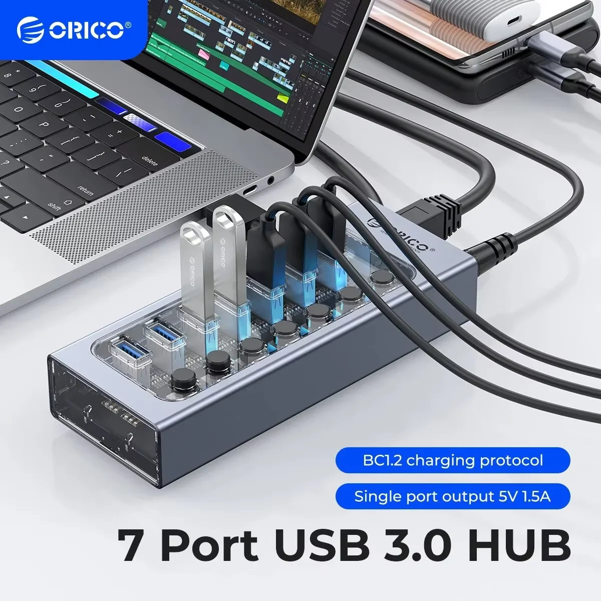ORICO Powered USB Hub Splitter Buchse mit Multi USB 3.0 Port Slot Stecker Ein-Aus Schlüssel Schalter Dock Power Streifen Adapter für PC Laptop Image