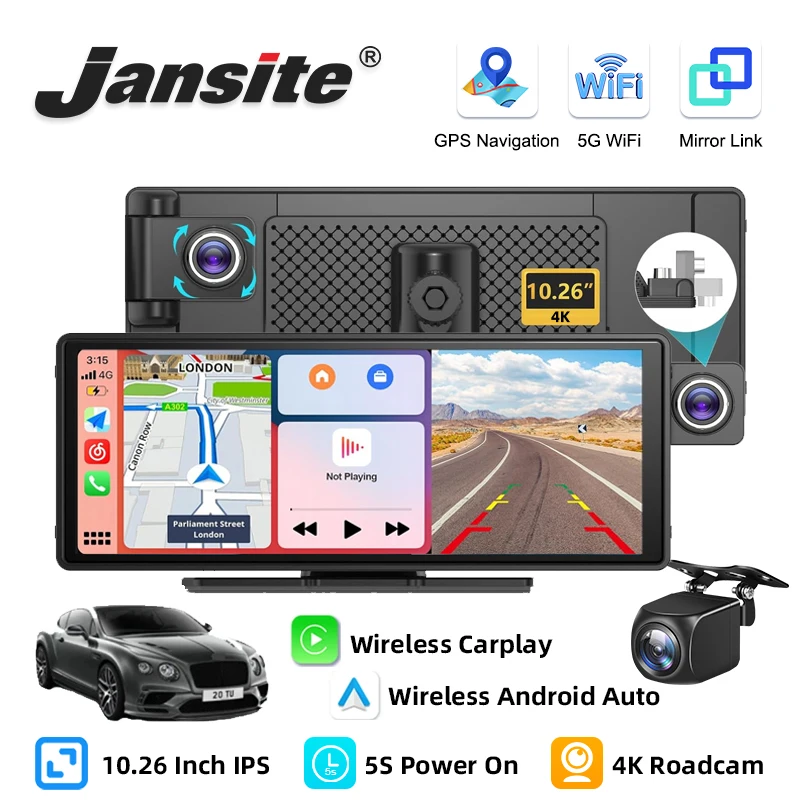Jansite 180 ° Flip Objektiv 10.26 ''Dash Cam 4k drahtloses Carplay & Android Auto Auto DVR GPS Navigation ai Voice Dual Recording DVR Image