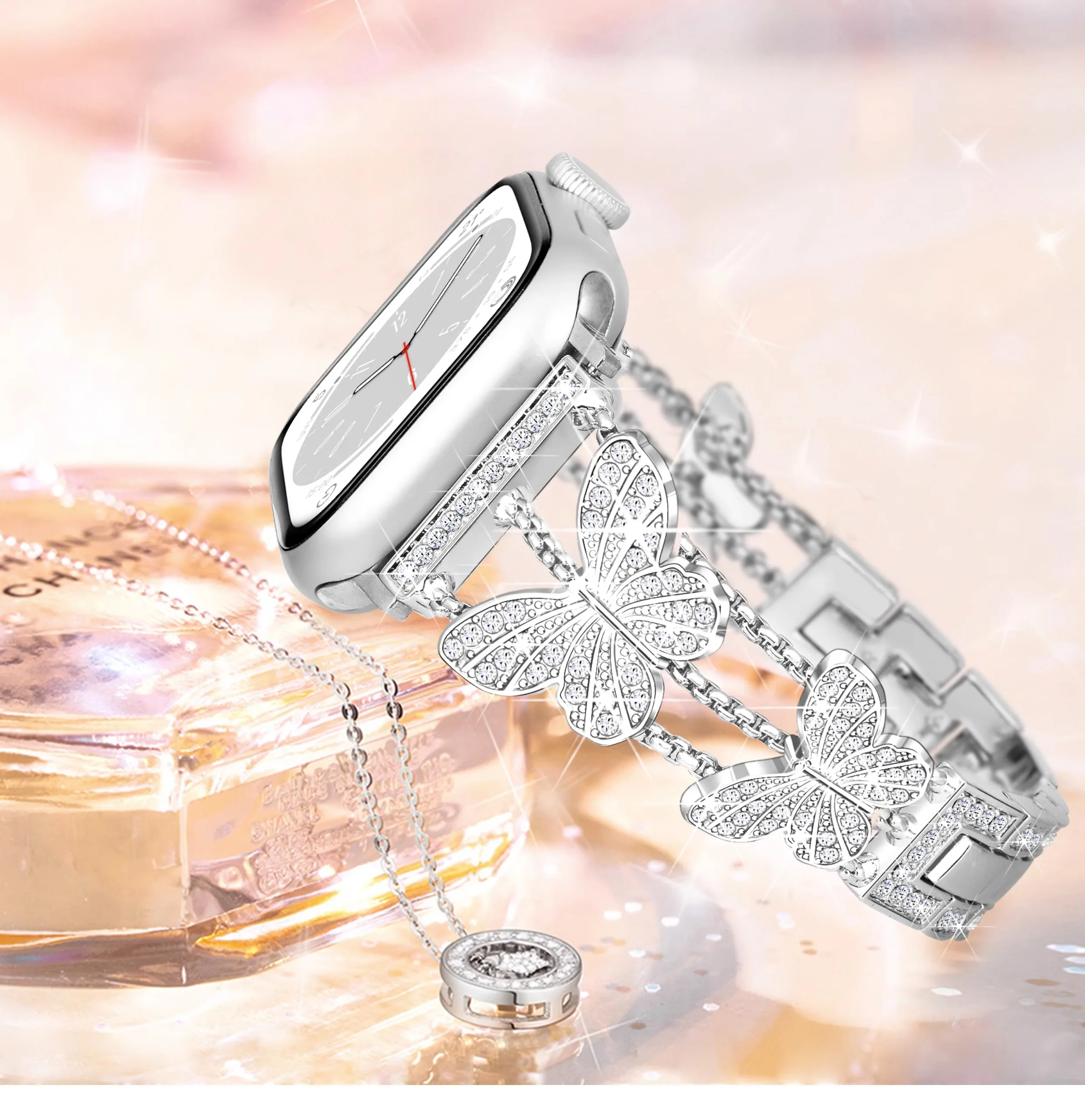 Einzigartiges Butterfly-Glitzer-Diamantarmband für Apple Watch 38/40/41/42/44/45/49 mm, Edelstahlarmband für iWatch 9 SE 8 7 6 5 4 3 Image