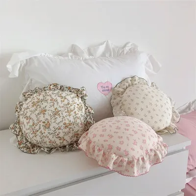 INS Runde Rüschen Rand Floral Wurf Kissen Gefüllte Kissen Mädchen Herz Süße Prinzessin Baumwolle Image