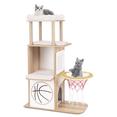 Costway 47 Inches Wooden Cat Tree with 2-Story Cat Condo and Basketball Hoop Hammock-Natural