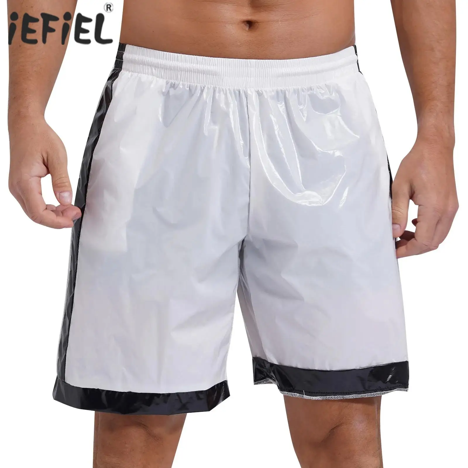 Swimear Herren-Boxershorts im Wet-Look, Kordelzug, elastische Taille, Taschen, Kontraststreifen, Strandshorts, Badehose, Loungewear Image