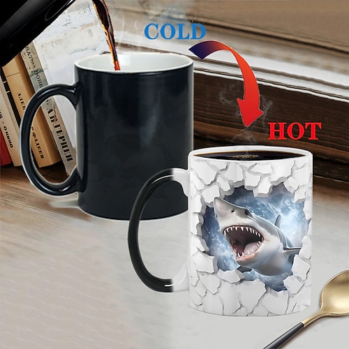 Thermobecher, Hai-Thermobecher mit 3D-Illusion, Keramik-Kaffeebecher als Geschenk, 11 oz wärmeempfindlicher Farbwechsel-Kaffeebecher, süße Weihnachtsgeschenktasse für Hai-Liebhaber Image