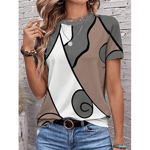 Damen T-Shirt Casual Print Kurzarm Normal Oberteile Alltag Rot Khaki Grau Sommer Image