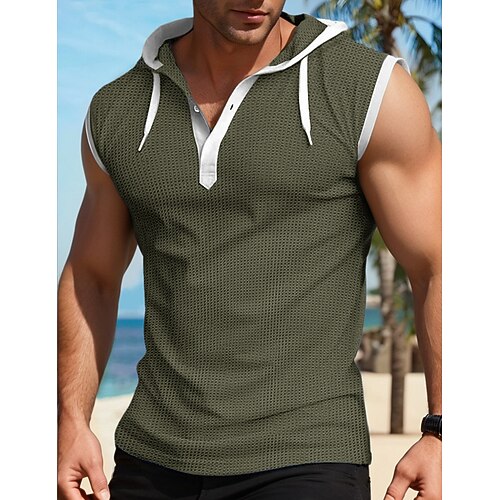 Herren Waffelhemd Tank Top Unterhemd Ärmelloses Shirt Ärmellos Mit Kapuze Sommer Einfach Mode Designer Muskel Outdoor Ausgehen Fitnessstudio Schwarz Weiß Rote Top T-Shirt für Herren Image