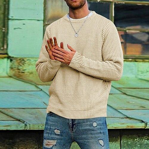 Herren Pullover Waffelstrick T-Shirt T-Shirt Langarmshirt Langarm Rundhalsausschnitt Frühling Herbst Ganzjahresmode Einfarbig Urlaub Täglich Lässig Klassicher Stil Outdoor Straße Lässig Hellblau