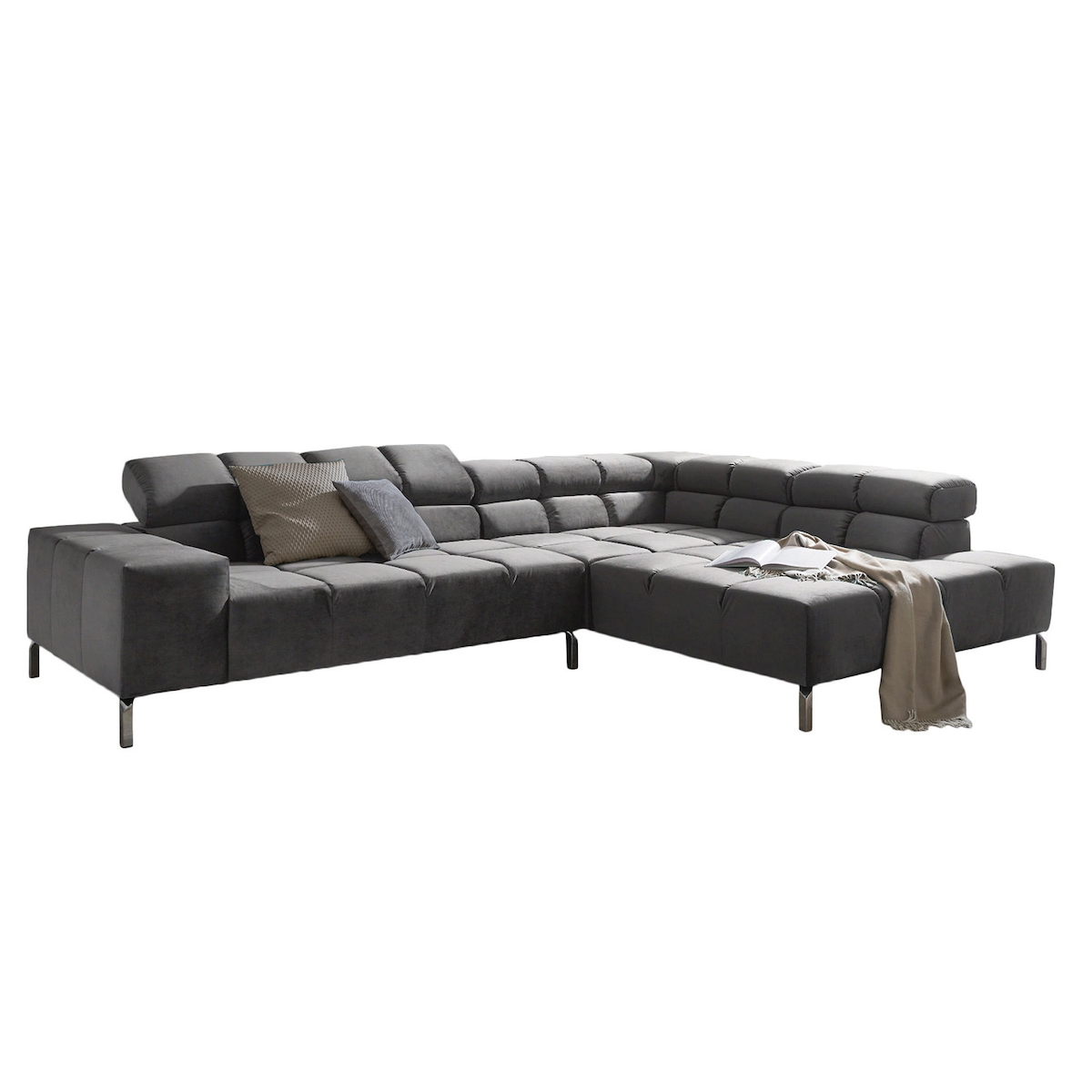 KAWOLA Sofa NELSON Ecksofa Velvet grau Recamiere rechts mit motorischem Sitzvorzug Image