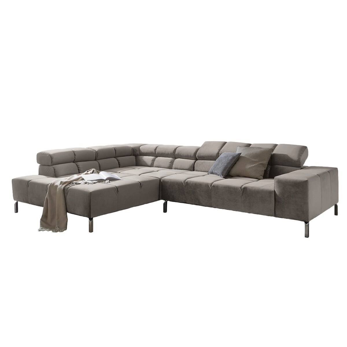 KAWOLA Sofa NELSON Ecksofa Velvet silber Recamiere links mit motorischem Sitzvorzug Image