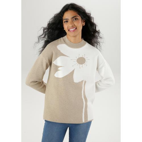 Strickpullover ANISTON SELECTED Gr. 44, weiß (beige-offwhite) Damen Pullover mit plakativem Blumendessin