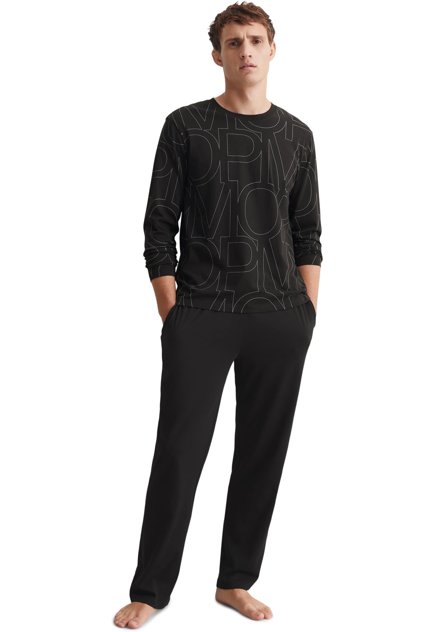 Pyjama MARC O'POLO "Mix & Match Cotton", Herren, Gr. S, schwarz, Single Jersey, Obermaterial: 100% Baumwolle, bedruckt, regular fit lang, Rundhals, Homewear-Sets, mit elastischem Bund mit Tunnelzug und Kordel Image