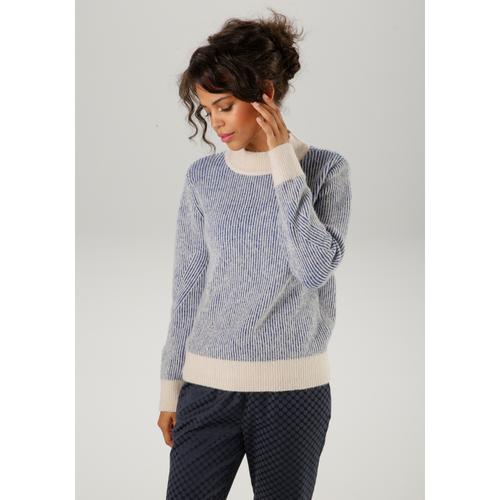 Strickpullover ANISTON CASUAL Gr. 34, blau (sand-marine) Damen Pullover im Streifen-Dessin