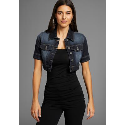 Jeansjacke ARIZONA, Damen, Gr. 38, blau (dunkelblau us), Denim/Jeans, Obermaterial: 98% Baumwolle, 2% Elasthan, Basic, figurbetont extrakurz, Kurzarm 2-Naht-Ärmel Bündchen, Jacken, aus Baumwollmischung, figurbetont, extrakurz, in Stretch-Qualität Image