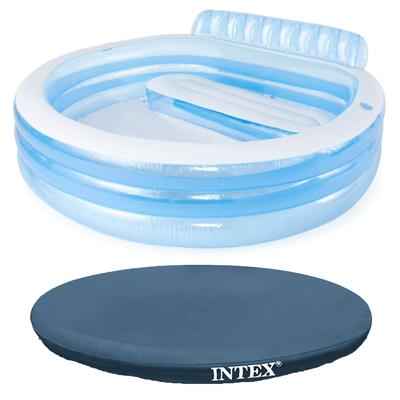 Intex Swim Center Round Inflatable Outdoor Swimming Lounge Pool with Pool Cover - 16