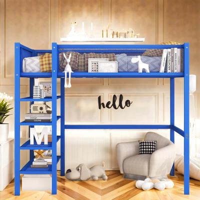 Modern Style Full Size Metal Loft Bed with 4-Tier Shelves and Storage