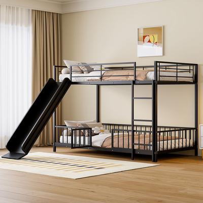 Full over Full Size/Twin over Twin Size Metal Bunk Bed with Slide and Guardrails