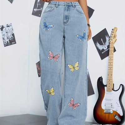 TEMU Butterfly Design Girls Stylish & Loose Jeans Comfy Wide-leg Versatile & Casual Denim Trousers, Girls Clothing For Daily Wear