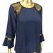 J. Crew Tops | J. Crew Silk 3/4 Flutter Sleeve Top, Lace Shoulder Pullover Size 4, Bl | Color: Black/Blue | Size: 4