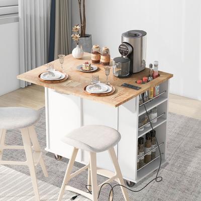 Kitchen Island with Power Outlet, Drop Leaf and Wine Rack