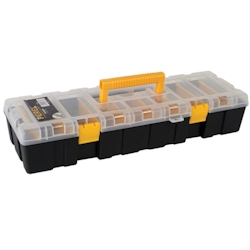 Perel Sortimentskasten, max. 9 Fächer, 8 Trennwände, transparenter Deckel, stapelbar, 460 x 160 x 90 mm, Schwarz/Gelb Image