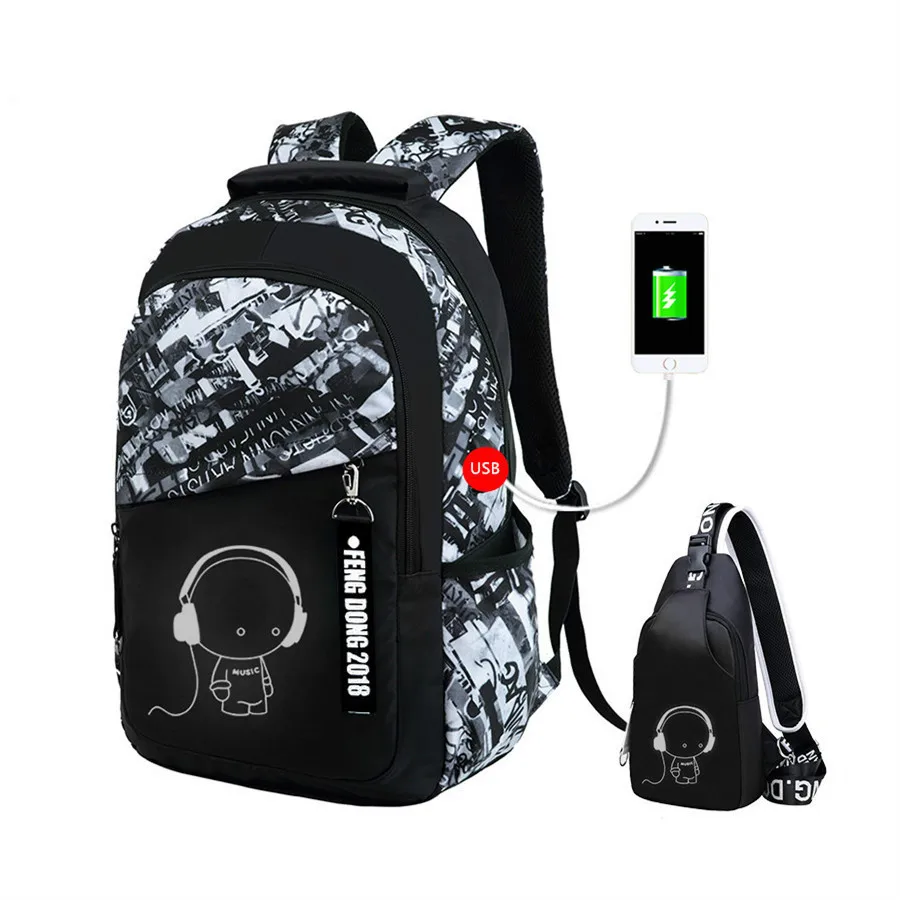 Sacs d'école lumineux, grand sac à dos étanche pour adolescents, sac à dos d'école lumineux pour garçon et étudiant, ensemble de sacs de poitrine