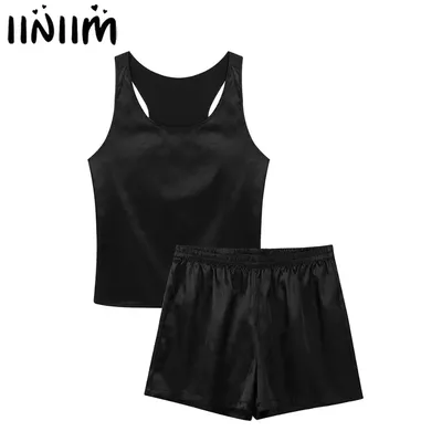 Herren Satin Pyjamas Nachtwäsche Ärmellose Tank Top mit Shorts Nachtwäsche Pyjama Sets Nachtwäsche Sommer Nachthemd Loungewear Image