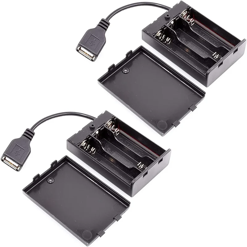 2/3 AA Batteriehalter Batteriegehäuse Box Aufbewahrung 4,5–5 V mit Abdeckung und Schalter mit USB-Kabel Baustein LED-Lichtset Image