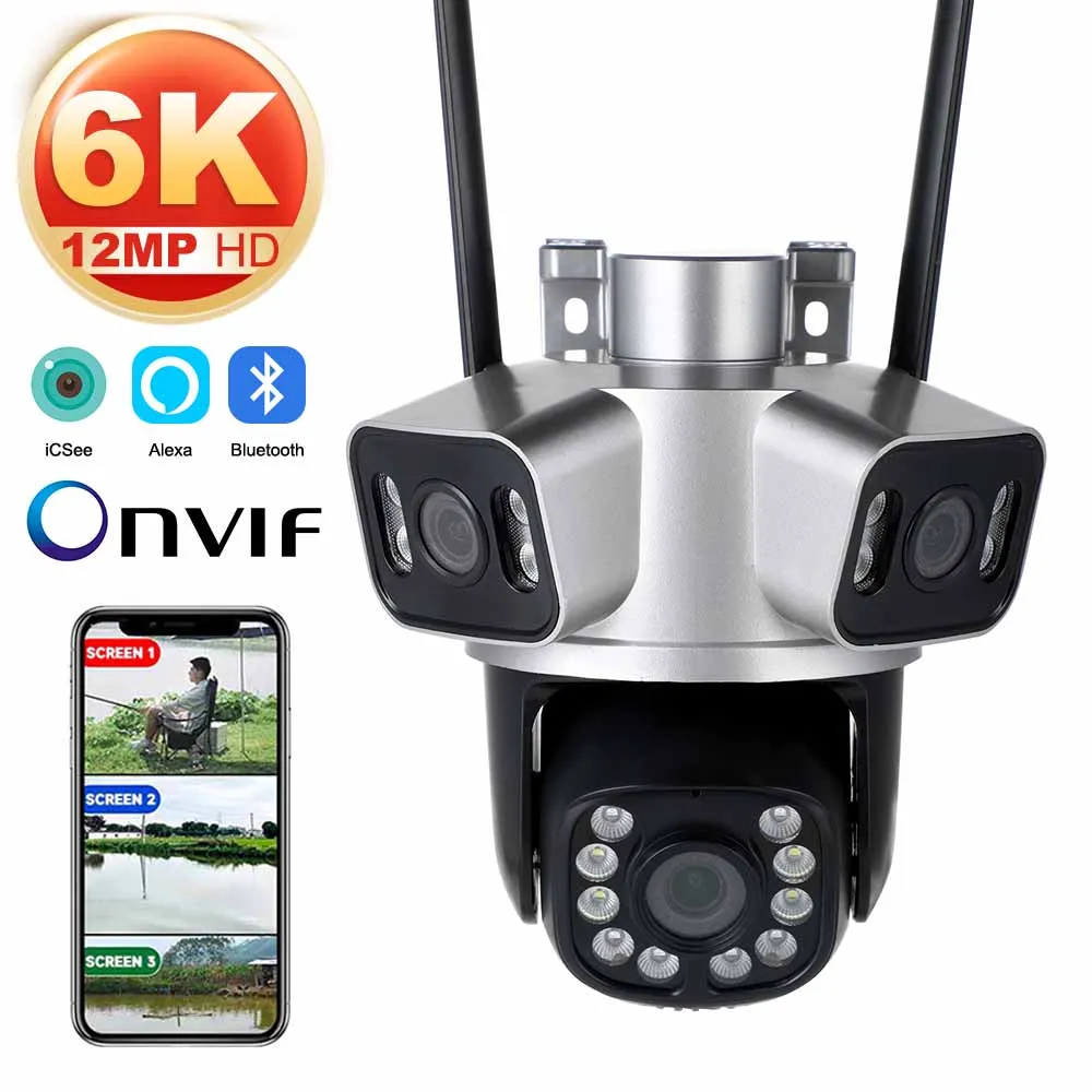 6K 12 MP WiFi-Überwachungskamera, 3 Objektive, 3 Bildschirme, digitaler Zoom, KI-Menschenerkennung, ONVIF, 8 MP Outdoor-Sicherheits-PTZ-IP-Kameras, Image