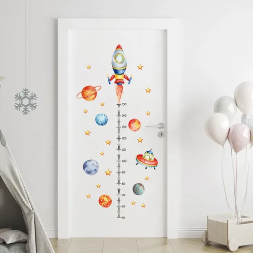 Autocollants muraux de mesure de la hauteur de fusée de planète de dessin animé, pour chambre