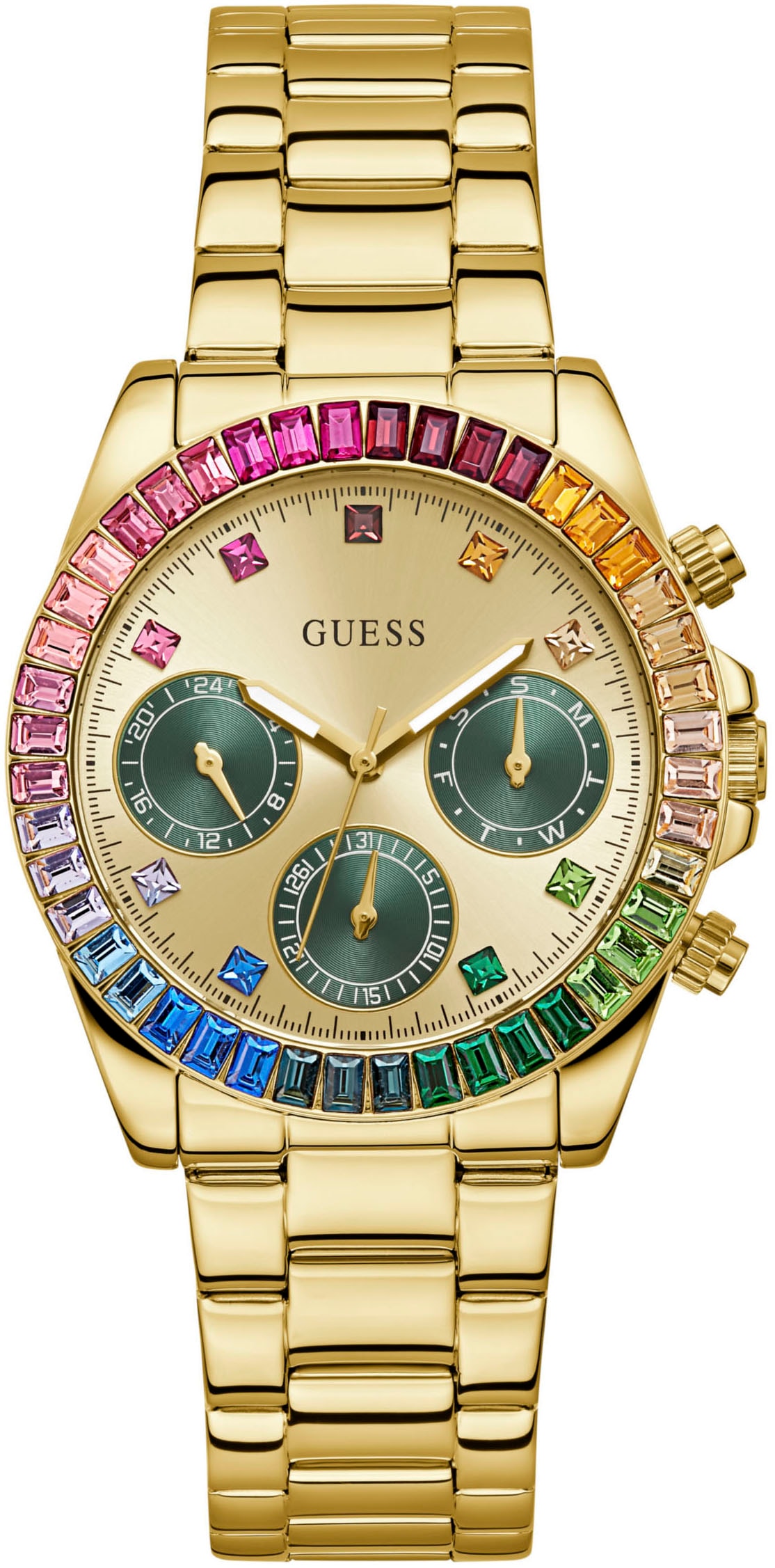 Multifunktionsuhr GUESS "HALO", gold (gelbgoldfarben), Armbanduhren, Damen, Quarzuhr, Armbanduhr, Damenuhr, Datum, 12/24-Std.-Anzeige