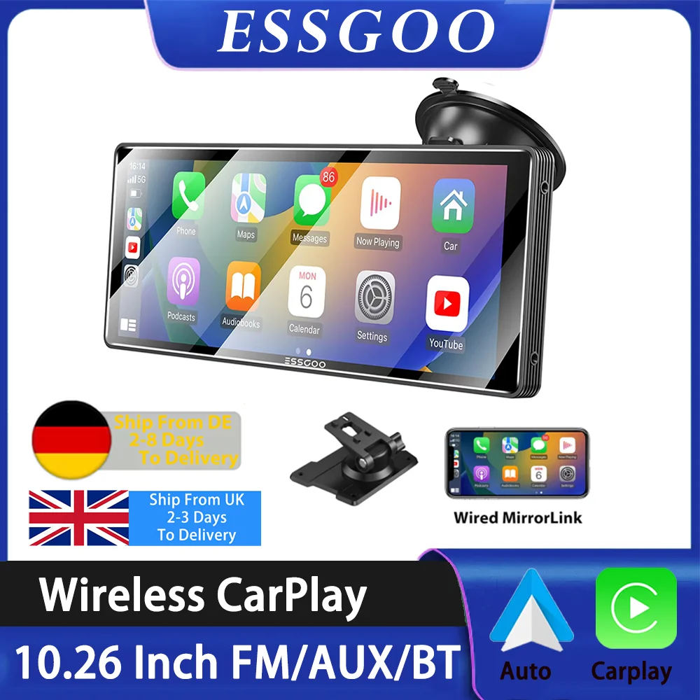 ESSGOO 10.26 pollici Carplay Lettore MP5 Portatile BT Touch Srceen Wireless Carplay Android Auto Autoradio per Apple o Android Video