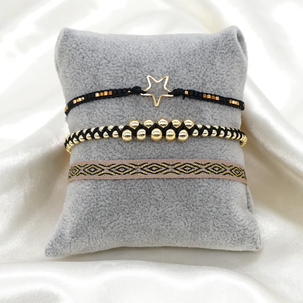 Go2BoHo 3 pezzi gioielli di moda braccialetto intrecciato fatto a mano nero e dorato braccialetti Miyuki con perline stella set regalo per le donne alla moda