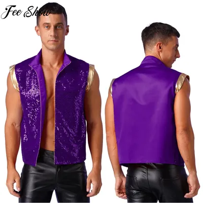 Herren-Weste für Halloween, arabischer Prinz, glitzernde Pailletten, vorne offen, metallische Patchwork-Weste, indische arabische Cosplay-Kostüme Image