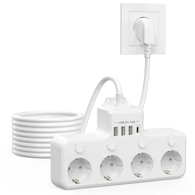 2 m USB-Steckdosenleiste mit individuellem Schalter, Typ C-Anschluss, 4000 W, EU-Stecker, mehrere Steckdosen, Überspannungsschutz, Verlängerungskabel Image