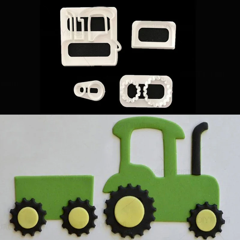 4 Teile/satz Traktor Auto Geformt Fondant Keks Schneiden Formen Cookie Form Werkzeuge Kuchen Dekorieren Süßigkeiten Werkzeuge Zucker Druck Sterben Form Image