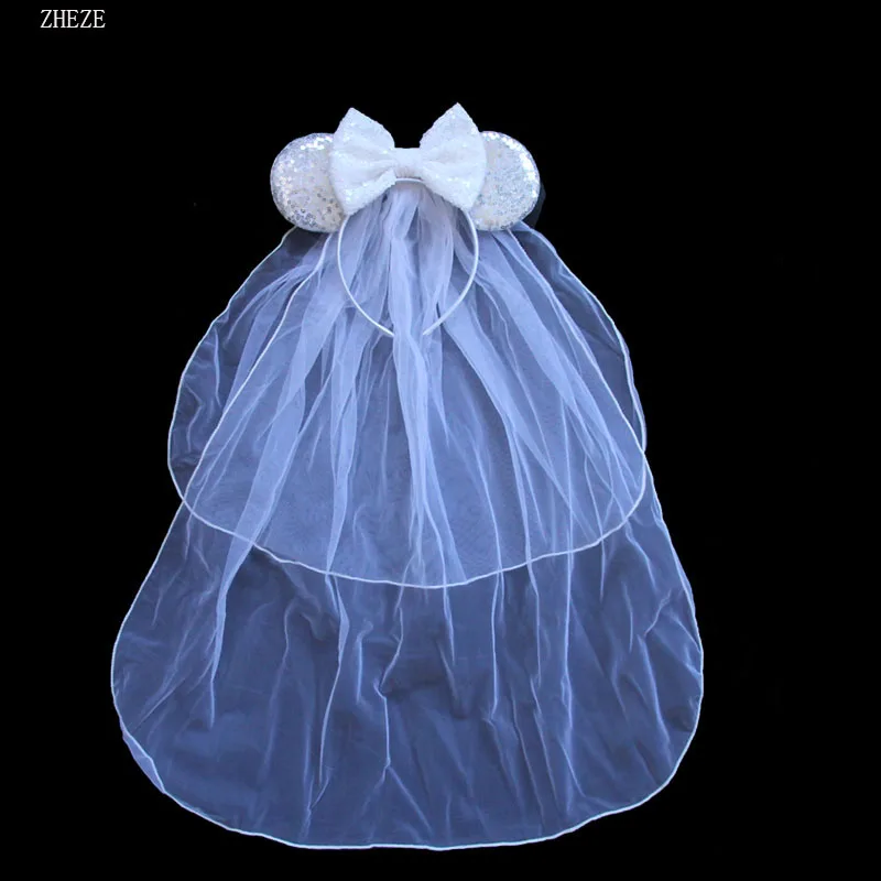 Weiße Tag Maus Ohren Stirnband mit Schleier Pailletten 5 "Bogen Kopf bedeckung für Frauen Festival Haarband Single Party DIY Haarschmuck Image