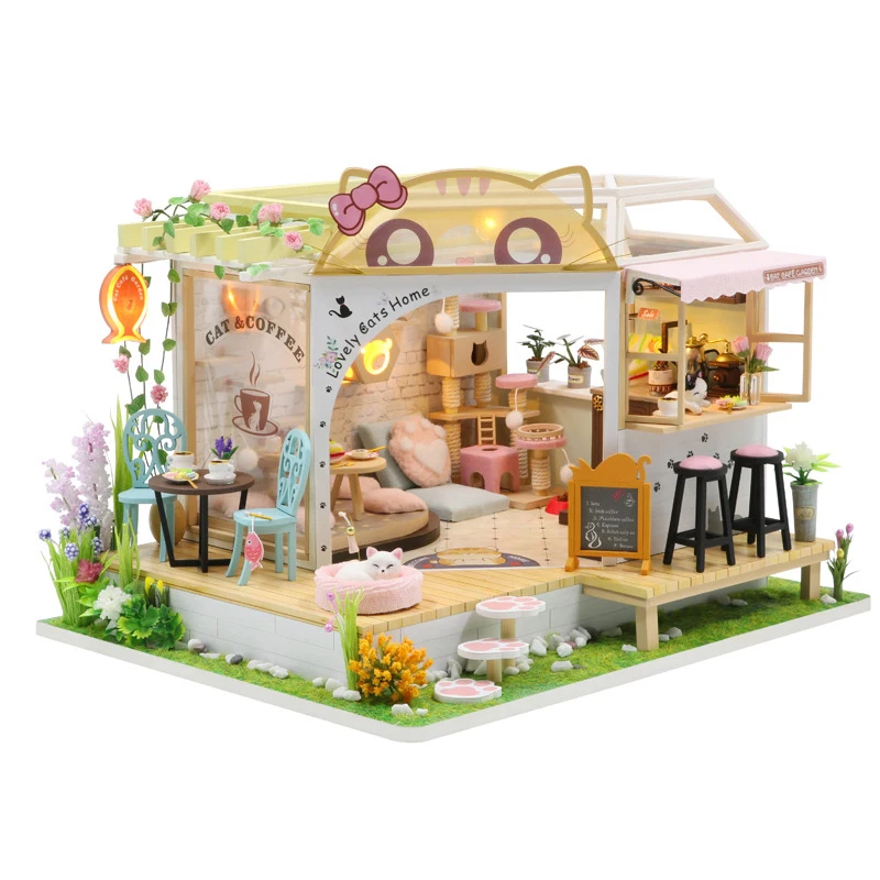 Holz Puppenhaus Katze Café Mini DIY kleines Haus Kit Herstellung Zimmer Spielzeug Home Schlafzimmer Dekoration mit Möbeln für Geschenke Puppenhaus