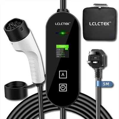LCLCTEK AC Tragbares EV-Ladegerät mit UK-Stecker, 6–13 A, 2,99 kW, Typ 2, mit Steuerkasten, buntes LCD-Display, Elektrofahrzeug-Autoladegerät