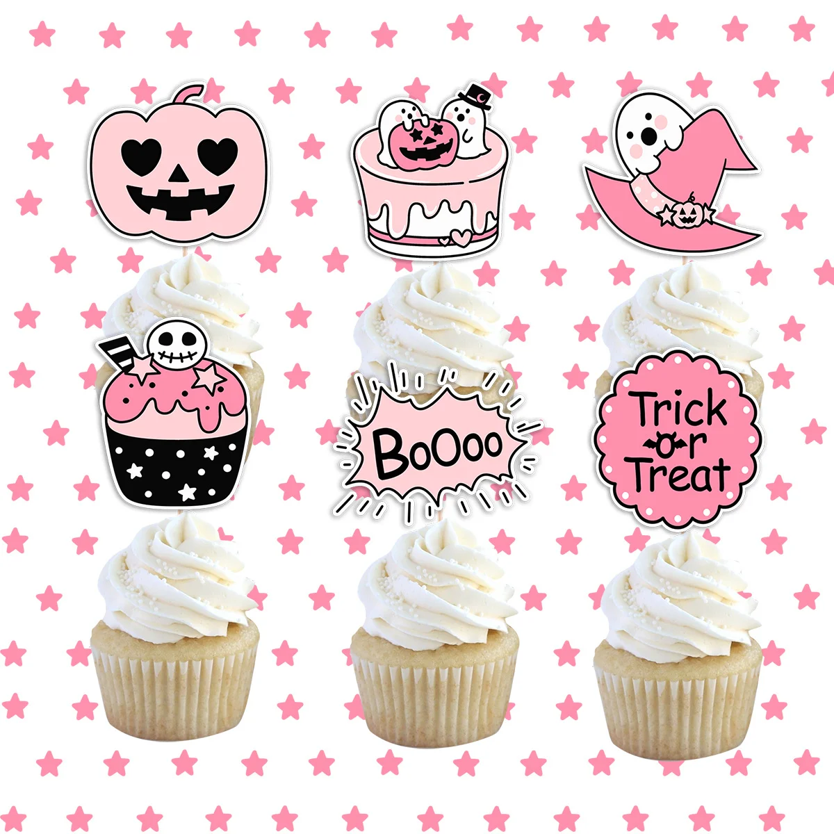 18 Stück rosa Kürbis-Geist-Cupcake-Topper, niedliche Halloween-Kuchenaufsätze für Süßes oder Saures, Party-Dekoration, Zuhause, DIY, Partyzubehör Image