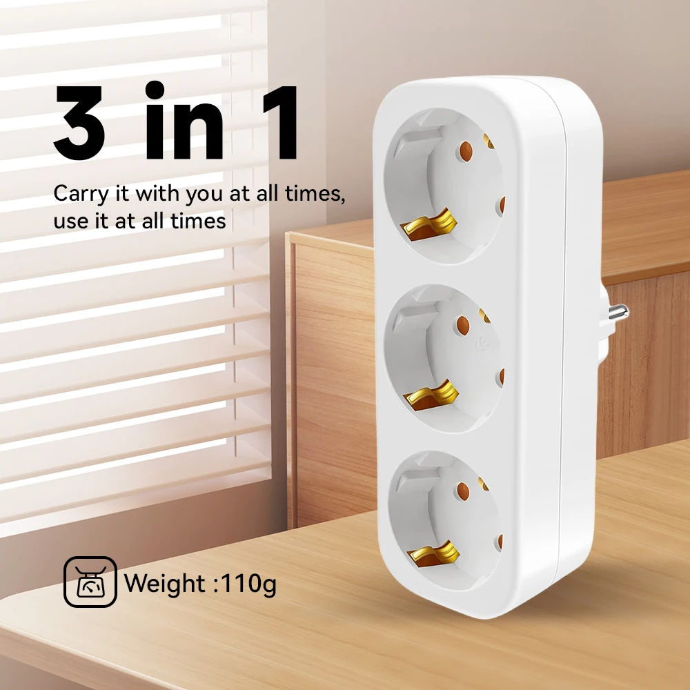 Doppelte Schuko-Adaptersteckdose ohne Kabel, 3680 W max. 250 V/16 W, platzsparende Mehrfachsteckdose, Dreifach-Schuko-Steckdose