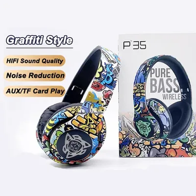 Graffiti faltbare Bluetooth-Kopfhörer, beleuchtet, kabellos, Geräuschunterdrückung, Bass-Headset, Spiel-Kopfhörer mit Mikrofon für Kinder, Geschenke Image