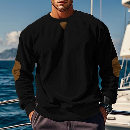Herren Sweatshirt Aprikose Schwarz Armeegrün Fuchsie Braun Rundhalsausschnitt Farbblock Patchwork Gerippt Strukturiert Sport Outdoor Täglich Ferien Cordstoff Streetwear Basic Lässig Herbst Winter Image