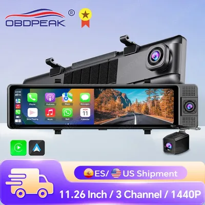 OBDPEAK K1 11.26 “ Carplay Android Auto 3 Cameras 2.5k+1080P+1080P Rearview Mirror Dash Cam Gps