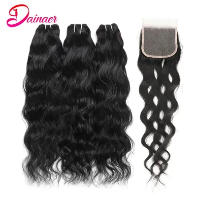 Natural Wave Bundles With Closure 3 Bundles With 4x4 Closure Human Hair Weave Bundles With Closure