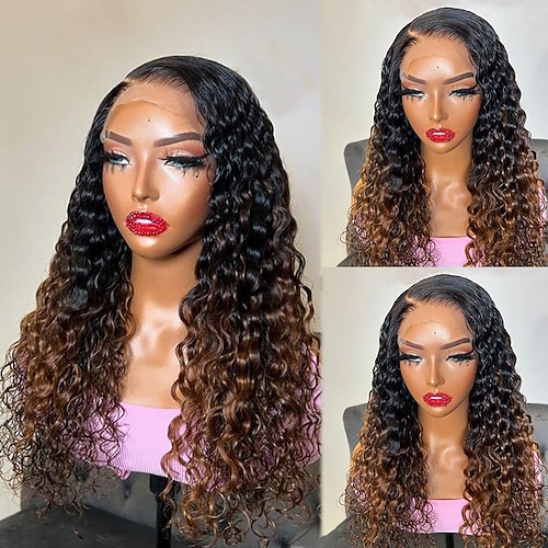 Unverarbeitetes reines Haar 13x4 Spitzenfront Perücke Freier Teil Brasilianisches Haar Locken Mehrfarbig Perücke 130% 150% Haardichte mit Babyhaar Gefärbte Haarspitzen (Ombré Hair) Für Damen Perücken Image