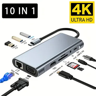 USB C Hub 4K 30Hz Type-C to HDTV Compatible USB 3.0 Adapter 10-in-1 Type-C Hub Docking Station PD